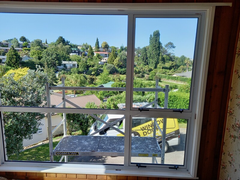 Interior view of repaired window overlooking Tauranga neighbourhood